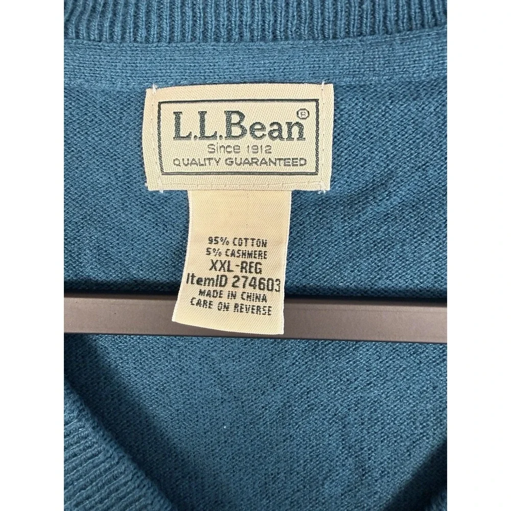 LL Bean Cotton Cashmere Blend V Neck Sweater Mens XXL Blue Pullover Knit Classic